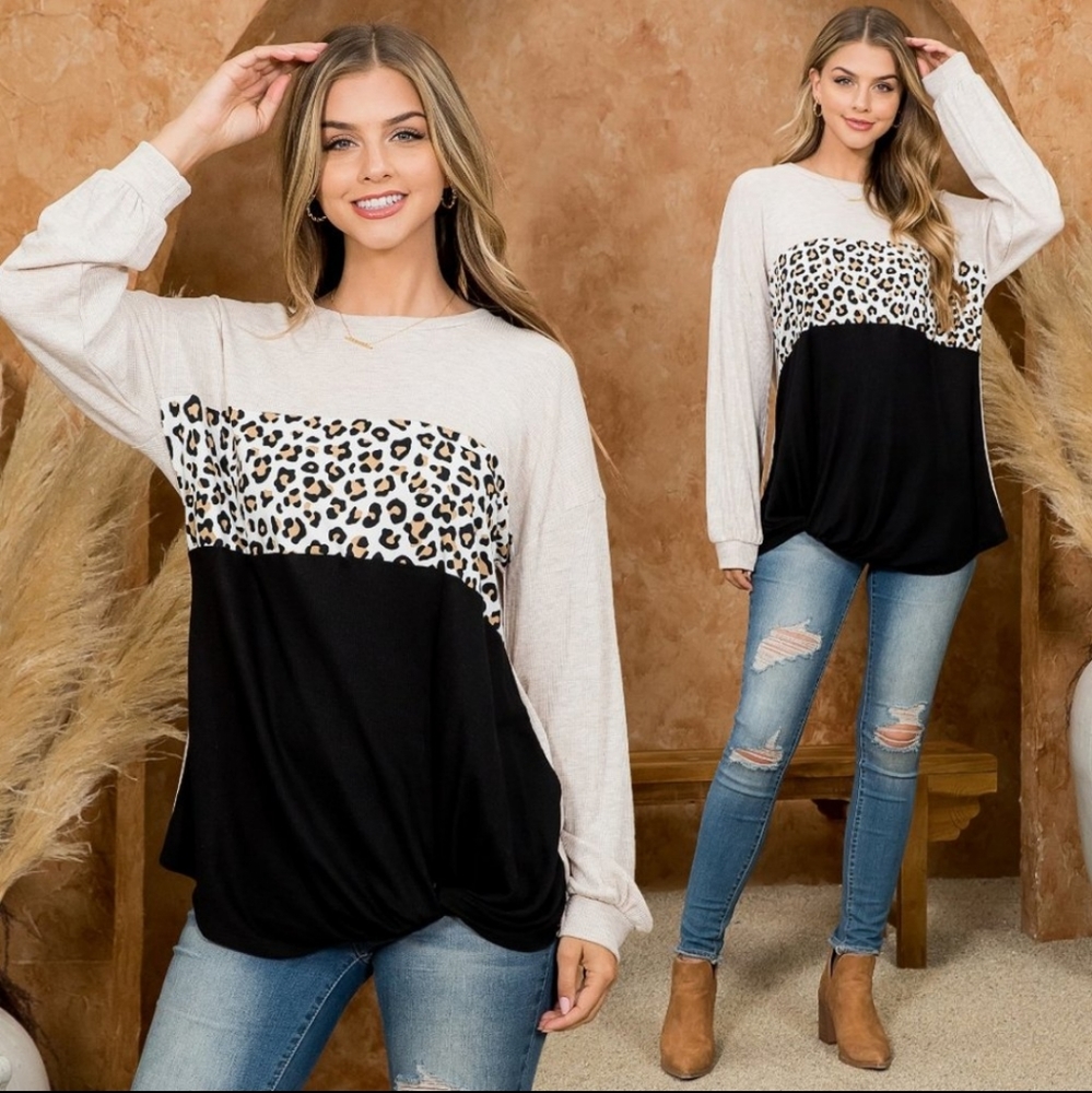 Leopard long sleeve color block women's cute fall winter top
